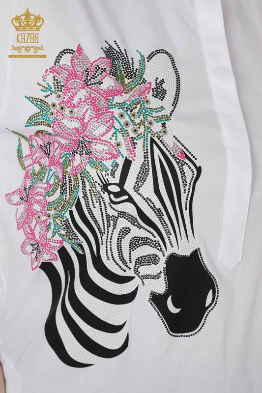 Großhandel Damenhemd - Zebra Blumen muster - Weiß - 20126 | KAZEE