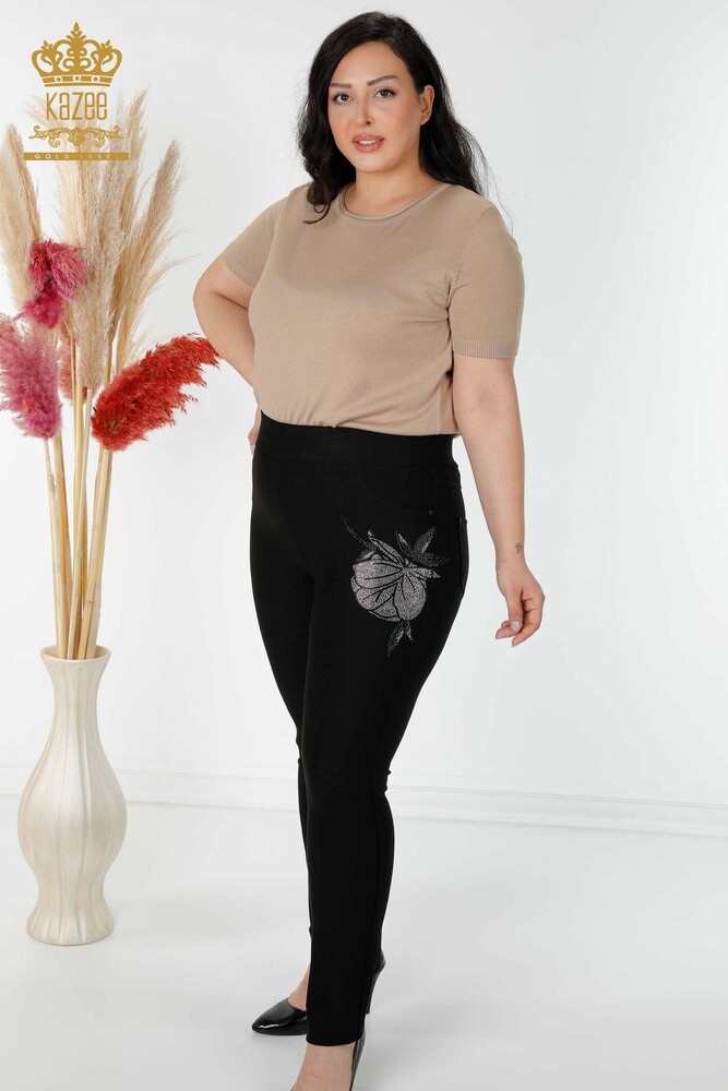 Großhandel Damenhosen - Blumen muster - Schwarz - 3400 | KAZEE - 1