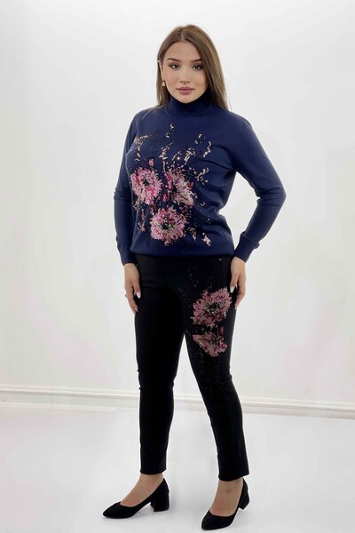 Großhandel Damen Hosen mit Blumenmuster Stein bestickt-3346 / KAZEE - Thumbnail