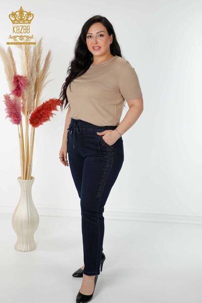 Großhandel Damenhose - Elastische Taille - Marineblau - 3654 | KAZEE - 1