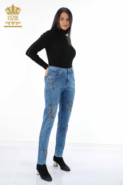 Großhandel Damen jeans - Bunt Kristall stein bestickt - Gemustert - 3543 | KAZEE - Thumbnail