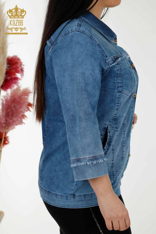 Großhandel Jeansjacke für Damen - Kristall Stein bestickt - Blau - 20373 | KAZEE