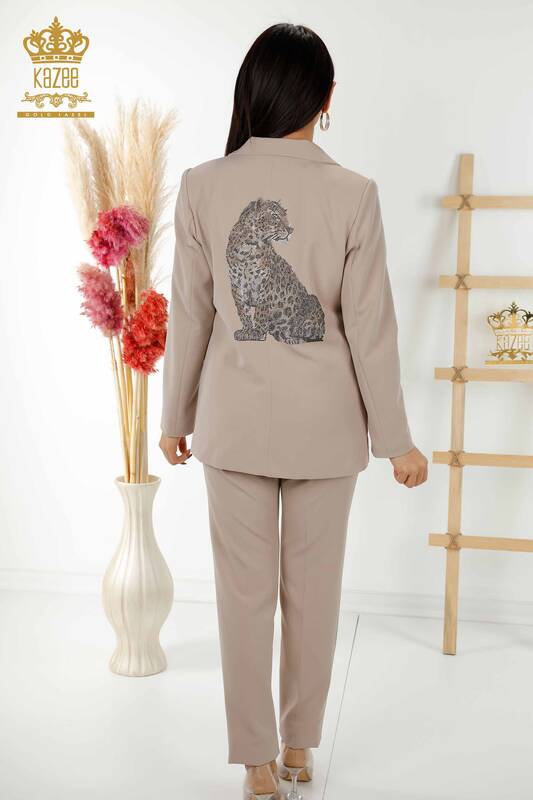 Großhandel Klassischer Damen Anzug - Karomuster - Beige - 30001 | KAZEE