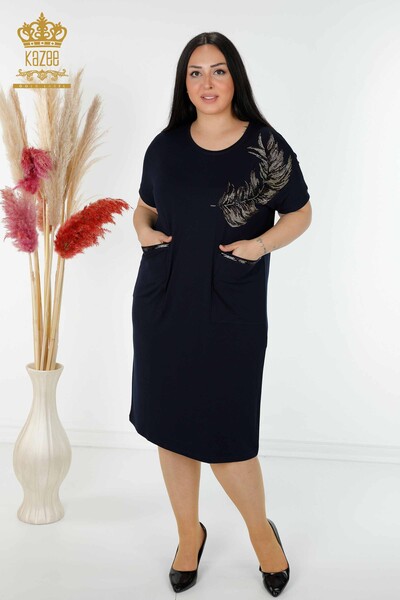 Großhandel Damen Kleid Feder Gemusterte Taschen Navy - 7745 | KAZEE - Thumbnail