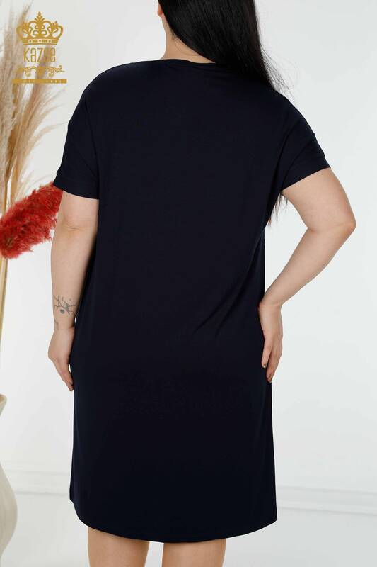 Großhandel Damen Kleid Feder Gemusterte Taschen Navy - 7745 | KAZEE