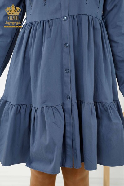 Großhandel Damenkleid - Geknöpft - Stein bestickt - Indigo - 20229 | KAZEE - Thumbnail