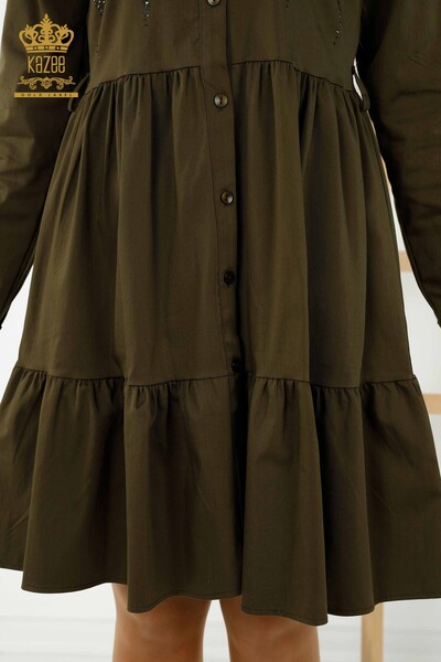Großhandel Damenkleid - Geknöpft - Stein bestickt - Khaki - 20229 | KAZEE - Thumbnail