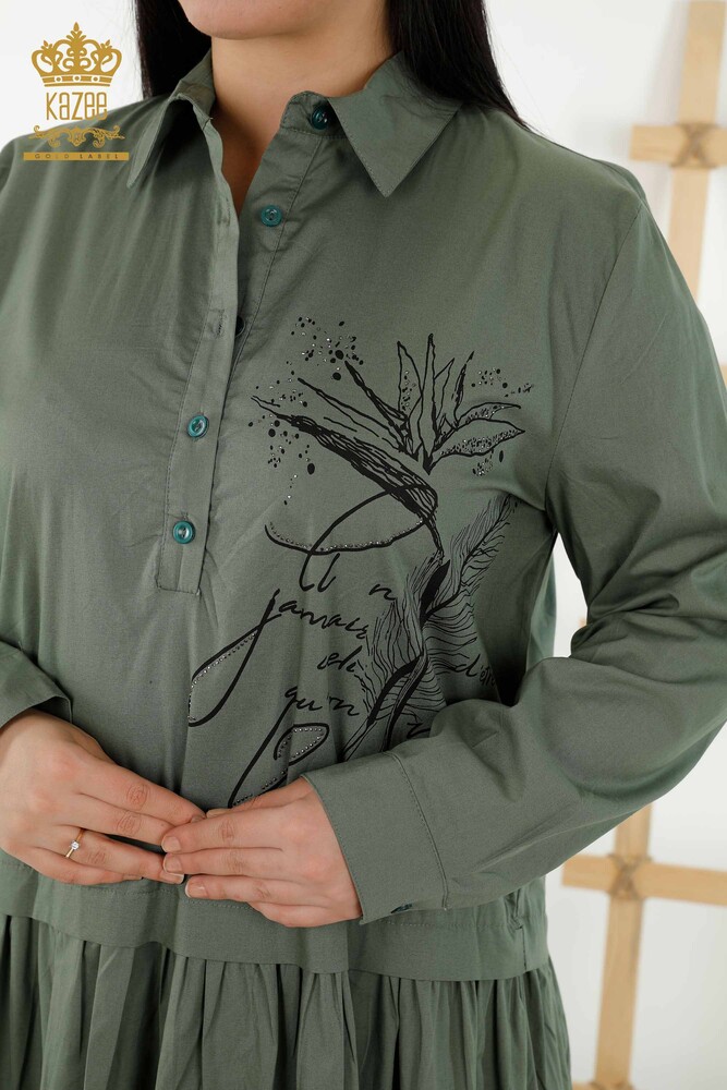 Großhandel Damenkleid Gemustert Mit Knöpfen - Khaki - 20324 | KAZEE - 3