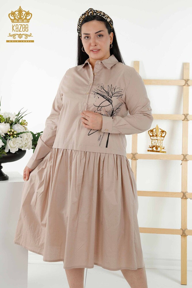 Großhandel Damenkleid - Gemustert - Mit Knöpfen - Beige - 20324 | KAZEE - 1