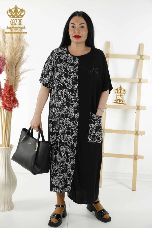 Großhandel Damenkleid gemustert schwarz mit Tasche - 20382 | KAZEE