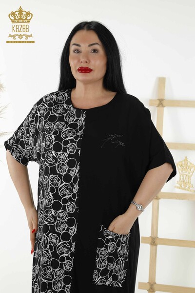 Kazee - Großhandel Damenkleid gemustert schwarz mit Tasche - 20382 | KAZEE (1)