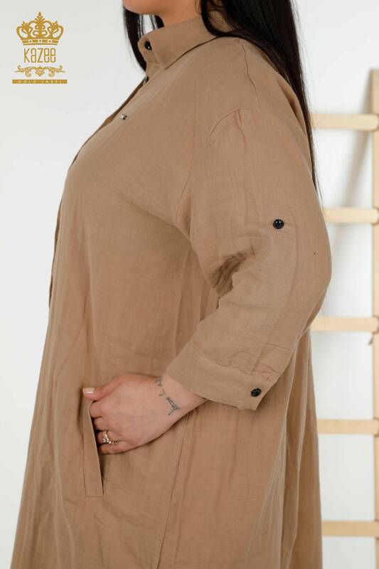 Großhandel Damen Kleid - Knopf Detail - Beige - 20405 | KAZEE