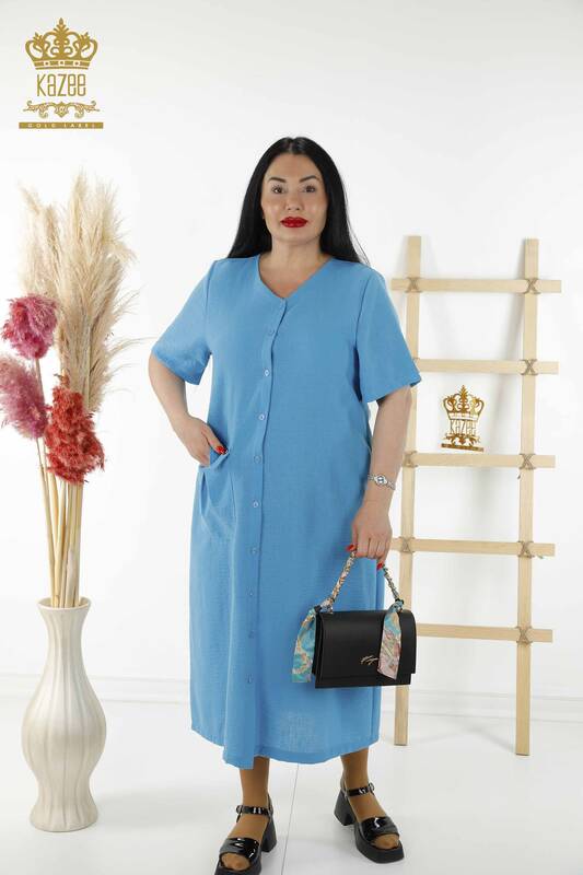 Großhandel Damen Kleid Button Detaillierte Blau - 20383 | KAZEE
