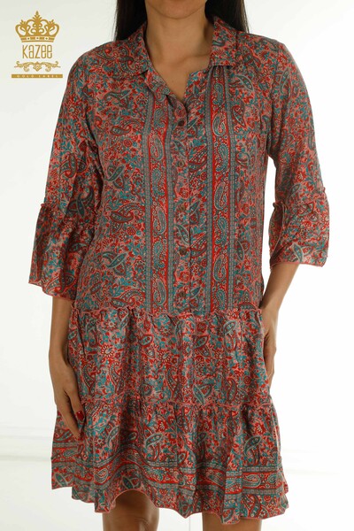 Großhandel Damen Kleid - Knopf Detail - Rot - 2404-Style-32 | D - Thumbnail