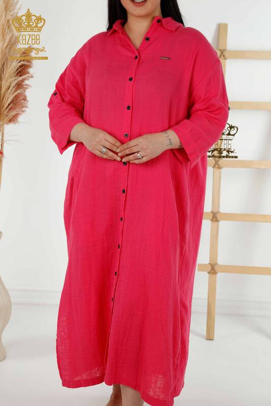 Großhandel Damen Kleid - Knopfdetail - Fuchsia - 20405 | KAZEE