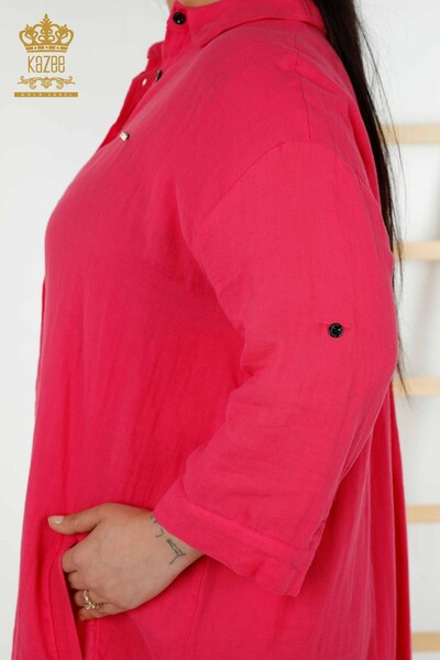 Großhandel Damen Kleid - Knopfdetail - Fuchsia - 20405 | KAZEE - Thumbnail