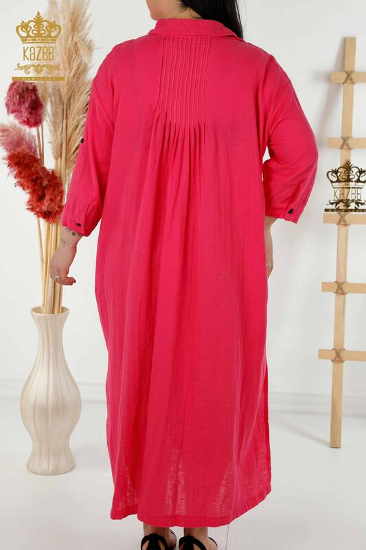Großhandel Damen Kleid - Knopfdetail - Fuchsia - 20405 | KAZEE