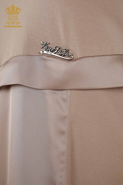 Großhandel Damenkleid - Leder detailliert - Taschen - Beige - 20323 | KAZEE - Thumbnail