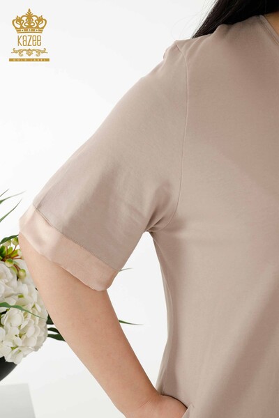 Großhandel Damenkleid Leder detailliert Taschen - Beige - 20366 | KAZEE - Thumbnail