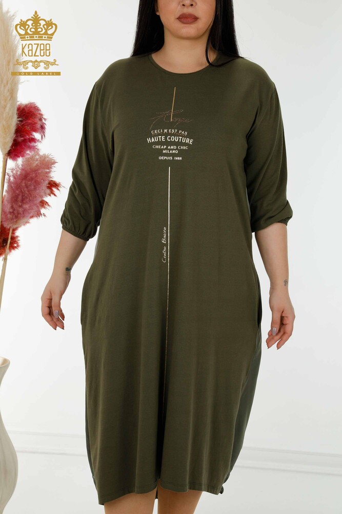 Großhandel Damenkleid - Schriftzug Detaillierte - Khaki - 20331 | KAZEE - 2