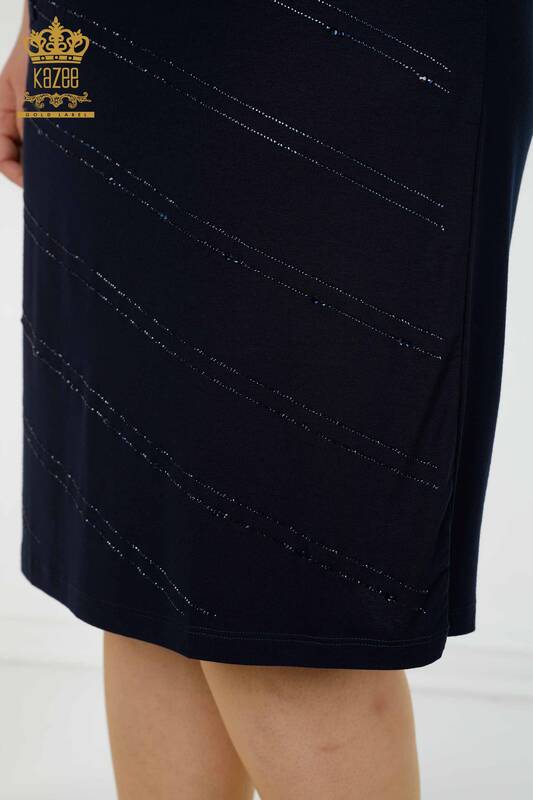 Großhandel Damenkleid Gestreifte Taschen Navy - 7738 | KAZEE