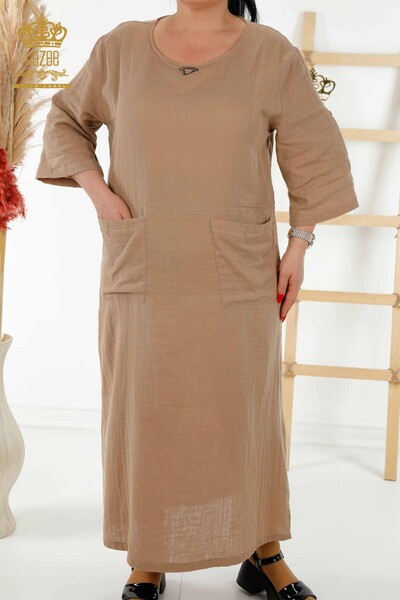Großhandel Damenkleid - Zwei Taschen - Beige - 20404 | KAZEE - Thumbnail