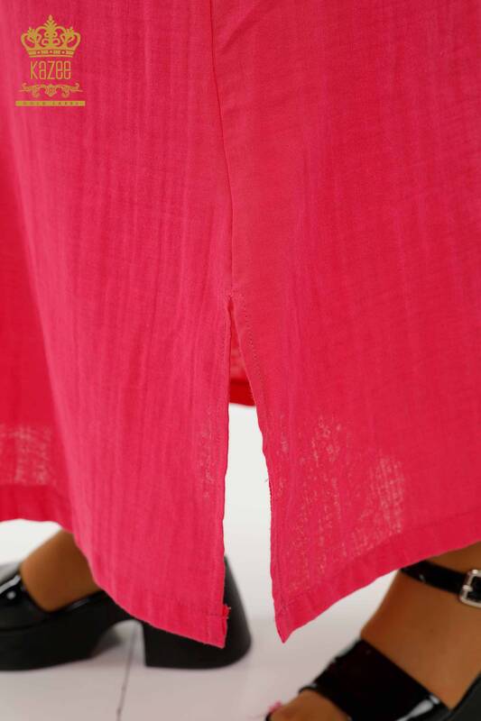 Großhandel Damenkleid - Zwei Taschen - Fuchsia - 20404 | KAZEE