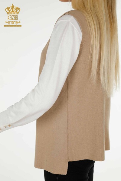 Großhandel Kurze Damen Weste im - Leopard Stein bestickt - Beige - 30616 | KAZEE - 4