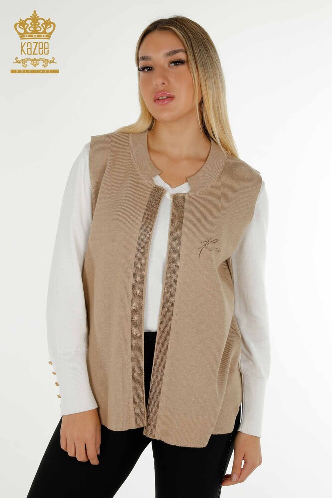 Großhandel Kurze Damen Weste im - Stein bestickt - Beige - 30411 | KAZEE - 1