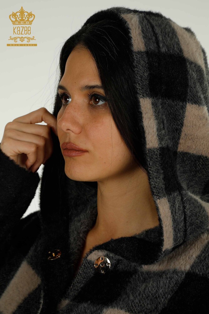 Großhandel Lange Strickjacke Damen im - Kariert - Angora - Schwarz - 30208 | KAZEE - 4