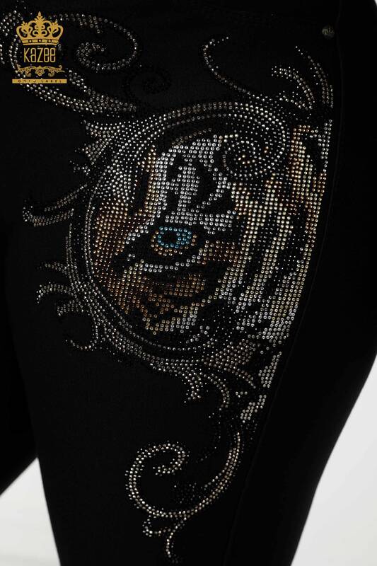 Großhandel Damen Leggings Hosen - Leopard Stein bestickt - Schwarz - 3638 | KAZEE
