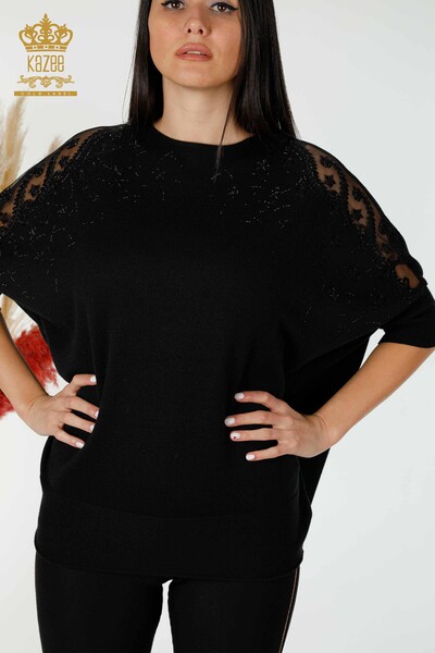 Großhandel Damen Pullover Tüll Detail Schwarz-16826 / KAZEE - 2