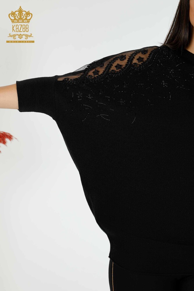 Großhandel Damen Pullover Tüll Detail Schwarz-16826 / KAZEE - 3
