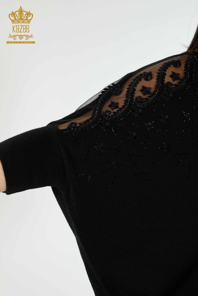 Großhandel Damen Pullover Tüll Detail Schwarz-16826 / KAZEE - 5