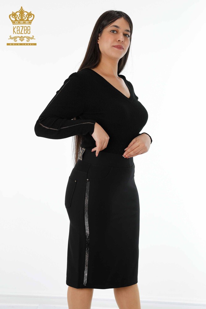 Großhandel Damen Rock - Streifen - Kristall Stein bestickt - Taschen details - 4169 | KAZEE - 1