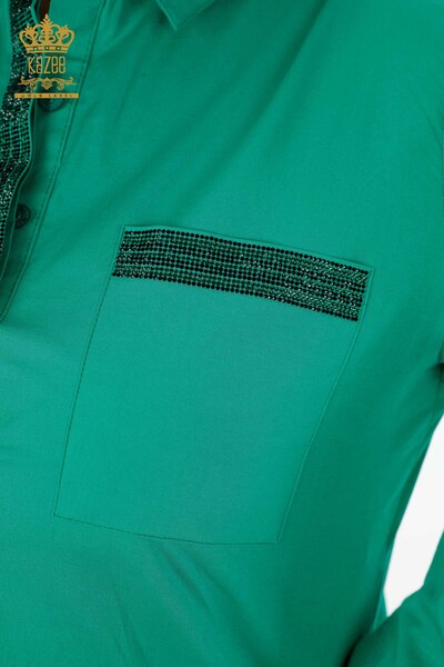Großhandel Damenhemd Baumwolle - Bunt Stein bestickt - Gemustert - 20075 | KAZEE - Thumbnail