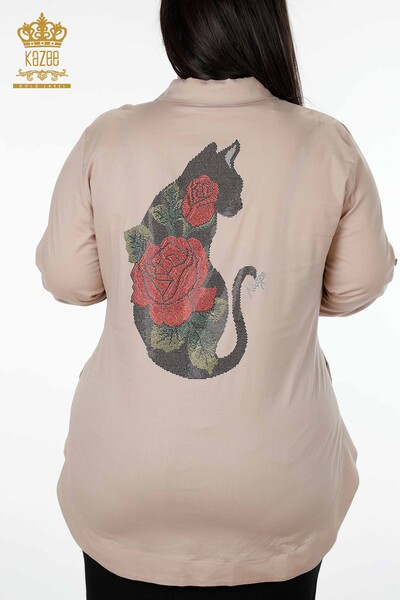 Großhandel Damenhemd Baumwolle - Bunt Stein bestickt - Gemustert - 20075 | KAZEE - Thumbnail