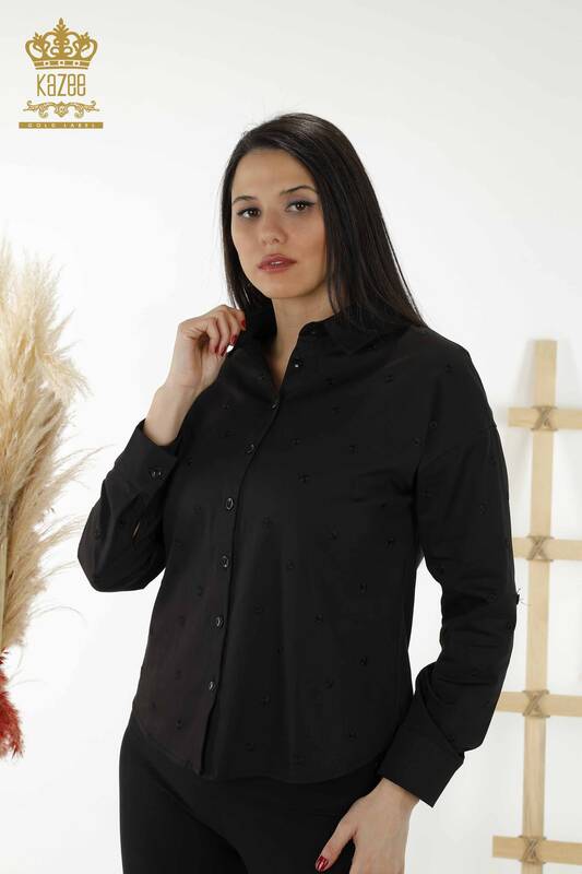 Großhandel Damenhemd Schwarz Mit Blumenstickerei - 20254 | KAZEE