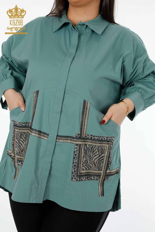 Großhandel Damenhemd - Doppel tasche Stein bestickt Baumwolle - Gemustert - 20198 | KAZEE