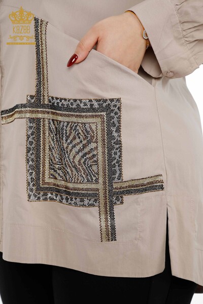 Großhandel Damenhemd - Doppel tasche Stein bestickt Baumwolle - Gemustert - 20198 | KAZEE - Thumbnail