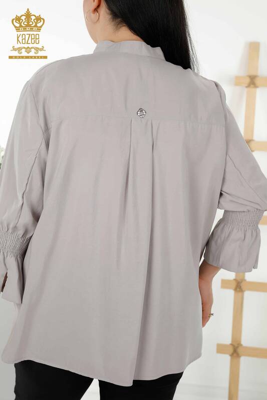 Großhandel Damenhemd - Halber Knopf detailliert - Hellgrau - 20316 | KAZEE