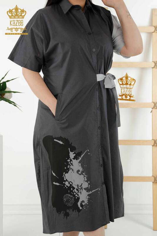 Großhandel Damen Hemdkleid - Zwei Farben - Anthrazit grau - 20378 | KAZEE