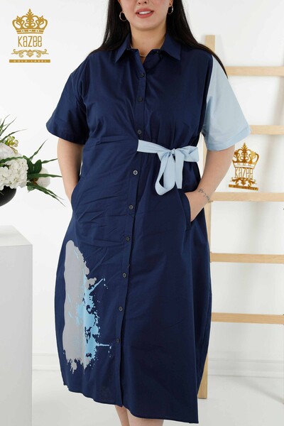 Großhandel Damen Hemdkleid - Zwei Farben - Marineblau - 20378 | KAZEE - Thumbnail