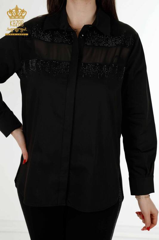 Großhandel Damenhemd Kristall Stein Bestickt Schwarz - 20250 | KAZEE
