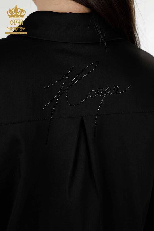 Großhandel Damenhemd Kristall Stein Bestickt Schwarz - 20250 | KAZEE