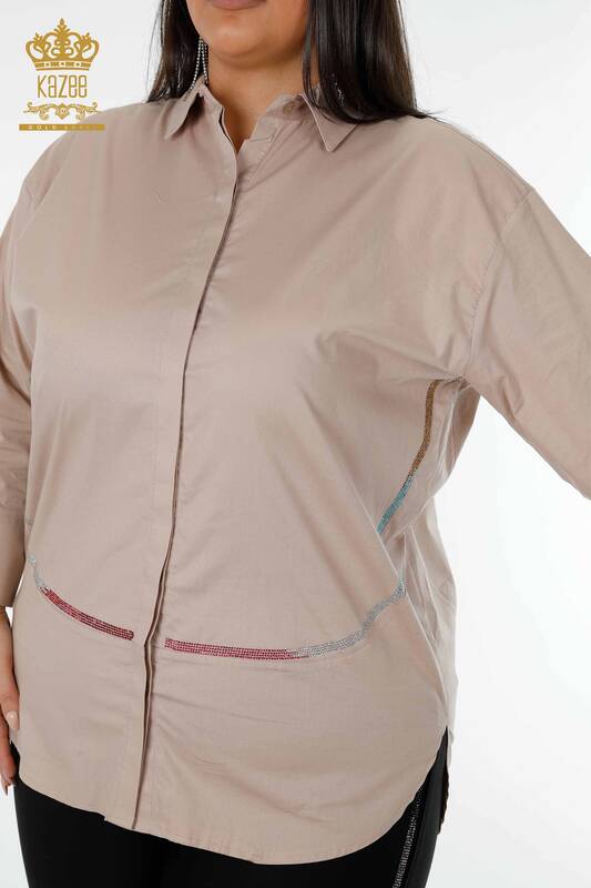 Großhandel Damenhemd - Gemusterter Rücken - Beige - 20006 | KAZEE