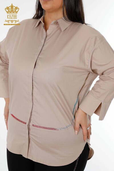 Großhandel Damenhemd - Gemusterter Rücken - Beige - 20006 | KAZEE - Thumbnail