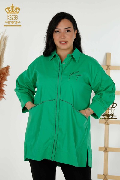 Großhandel Damenhemd - Zwei Taschen - Grün - 20220 | KAZEE - Thumbnail