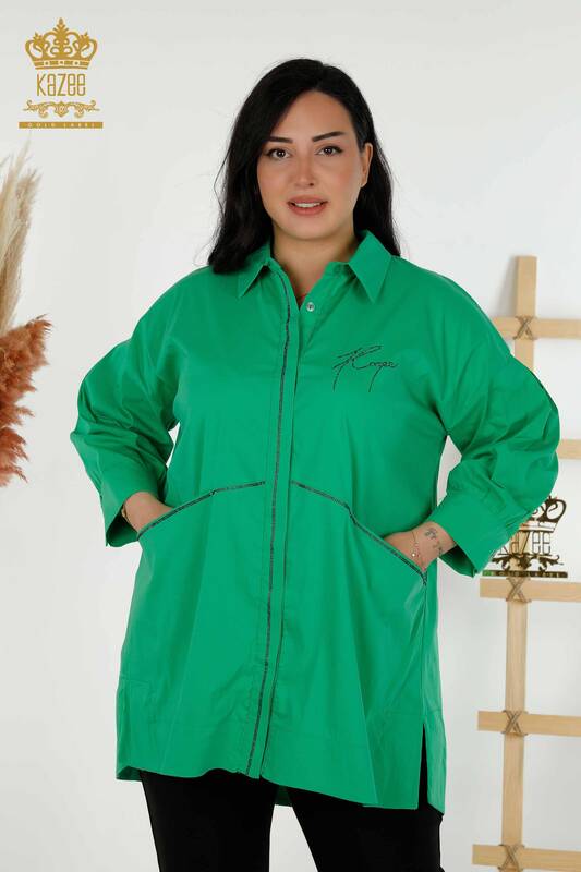 Großhandel Damenhemd - Zwei Taschen - Grün - 20220 | KAZEE