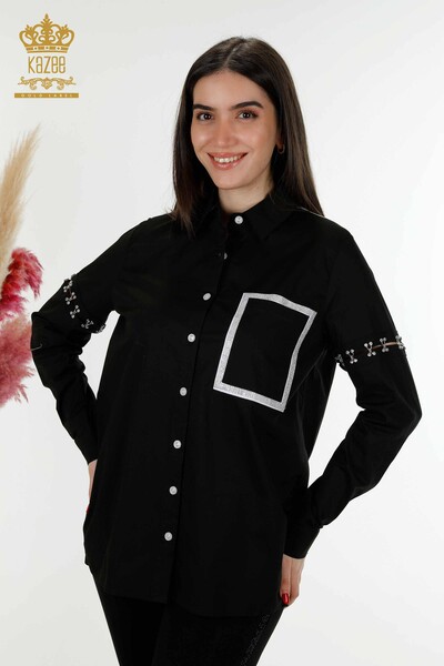 Großhandel Damenhemd Zweifarbig Schwarz Weiß - 20310 | KAZEE - Thumbnail